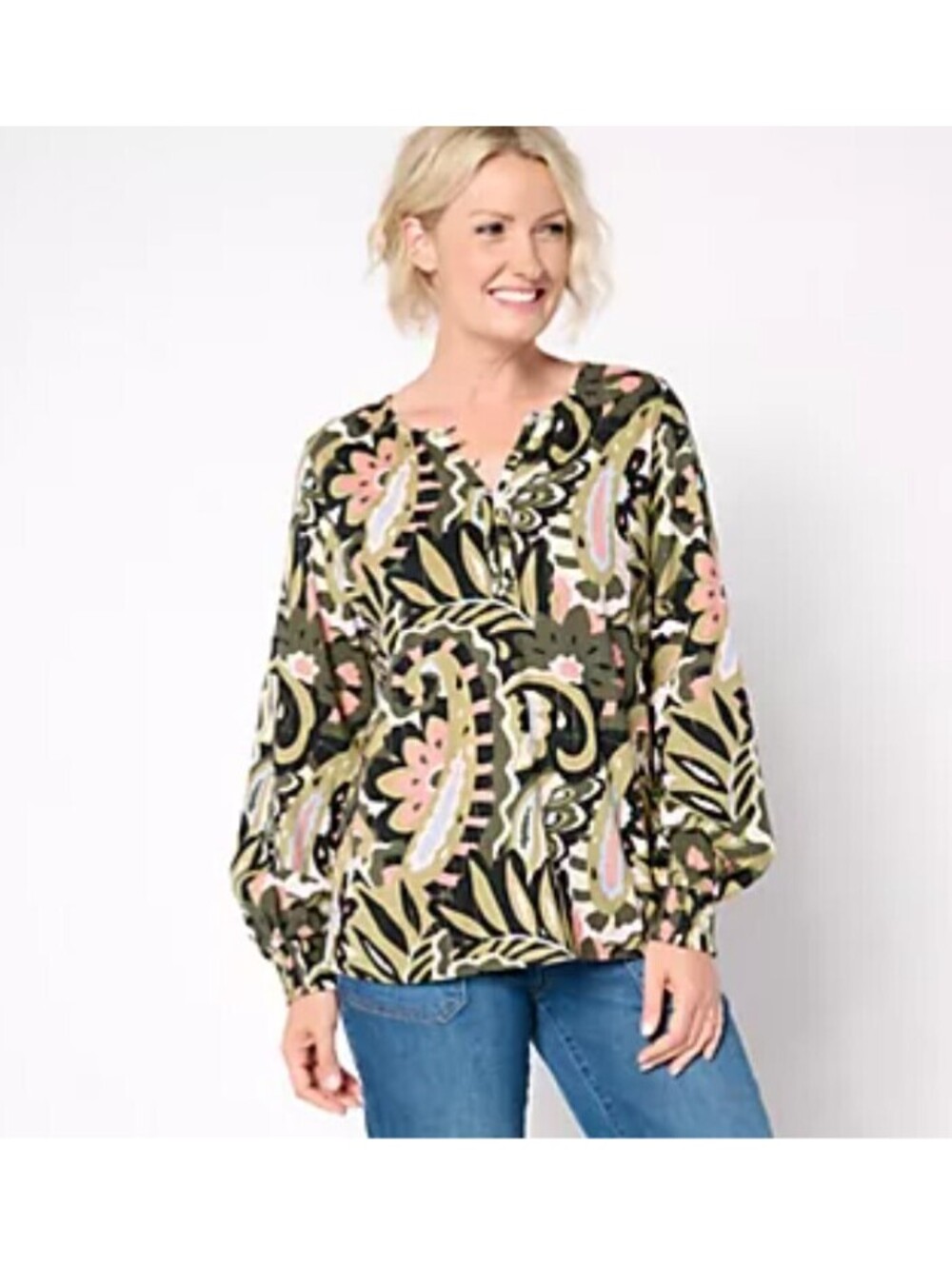 Belle Kim Gravel Boho Autumn Tapestry Smocked Sleeve Top Shirt Women's Size XL